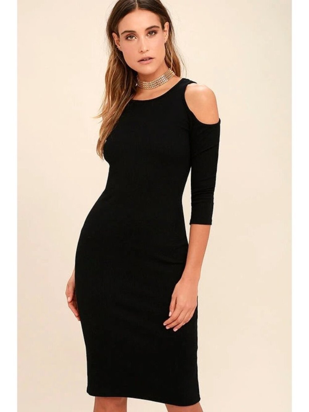 Calvin Klein Sweater Dress Size Medium Black Cold-Shoulder Knit 3/4 Sleeves Midi
